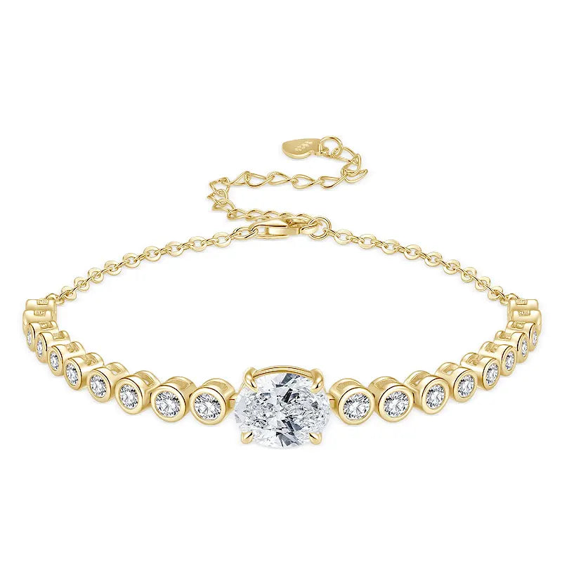Free Shipping Fine Jewelry 925 Silver 14K Gold Plated Oval Cut 8x10mm 3.0ct Moissanite Bolo Bracelet with Bling Stones for Women