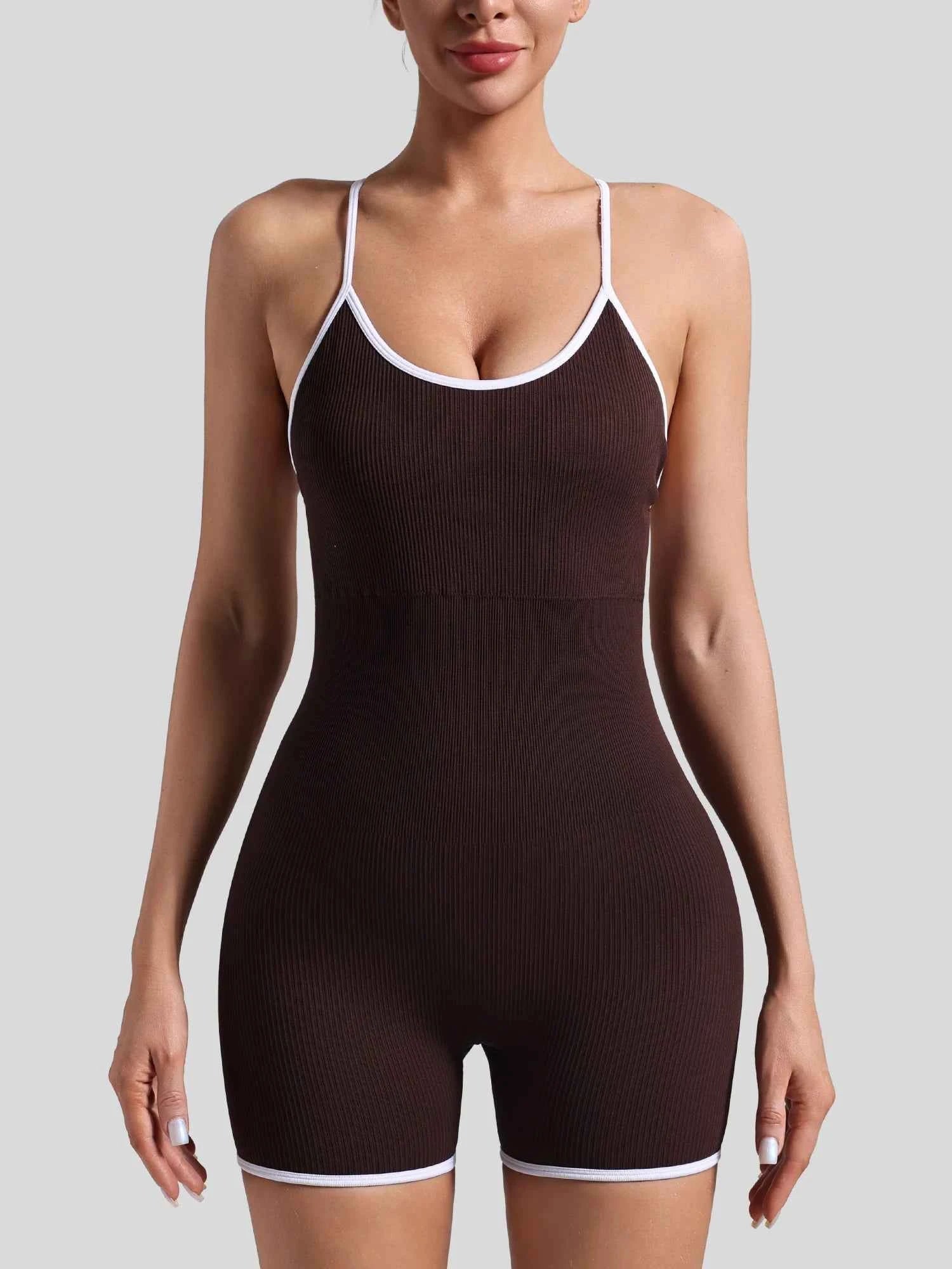 Women Seamless Quick-Drying Cross-Back Design Jumpsuit  Contrasting Color Straps One-Piece Shorts