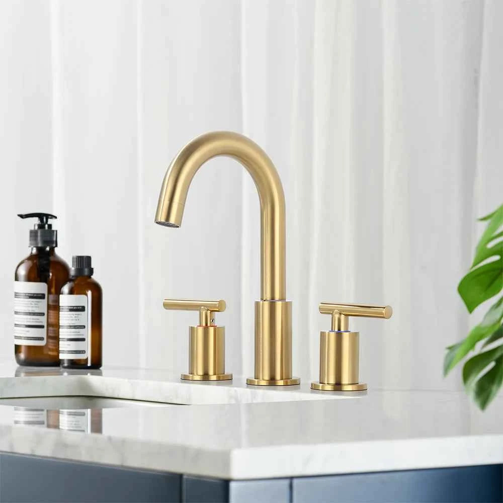 Brushed Gold Bathroom Vanity Water Faucet with 360 Degree Swivel Spout Bathroom Sink Faucet 3 Hole 2 Handle Gold Sink Faucet