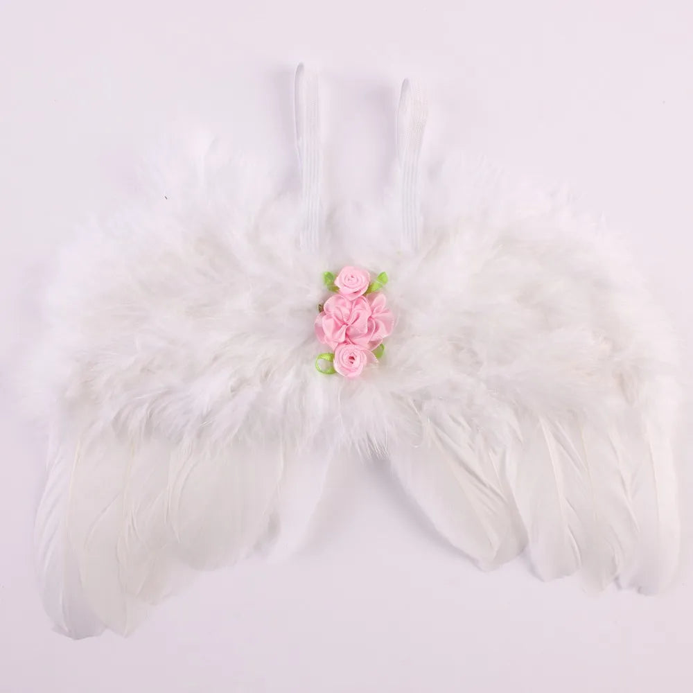 2pcs/set Cute Newborn Angel Feather Wings with Baby Girl Rose Flower Headband Hair Accessories for Infant Photography Props