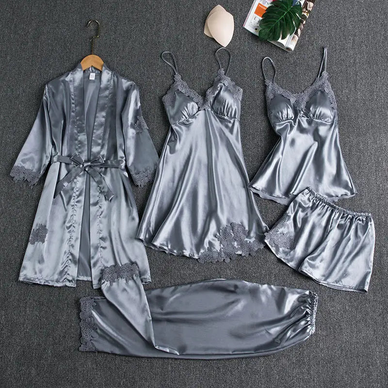 Customizable Sleepwear Female 5PCS Pajamas Set Satin Pyjamamas Lace Bridal Wedding Nightwear Rayon Home Wear Nighty&Robe Suits