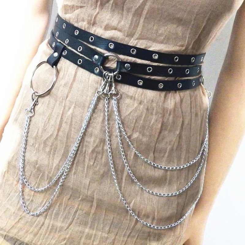 Female Leather Skirt Belts Punk Gothic Rock Harness Waist Metal Chain Body Bondage Hollow Belt Accessories For Lady