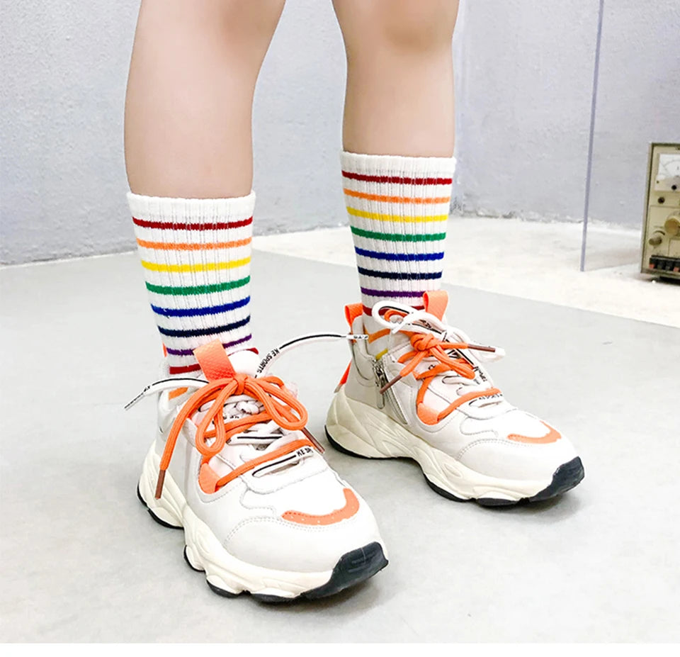 Kids Knee High Rainbow Socks Spring Summer Toddler Child Girls Boys Cotton White School Socks Stripe Long Sock Baby Accessories
