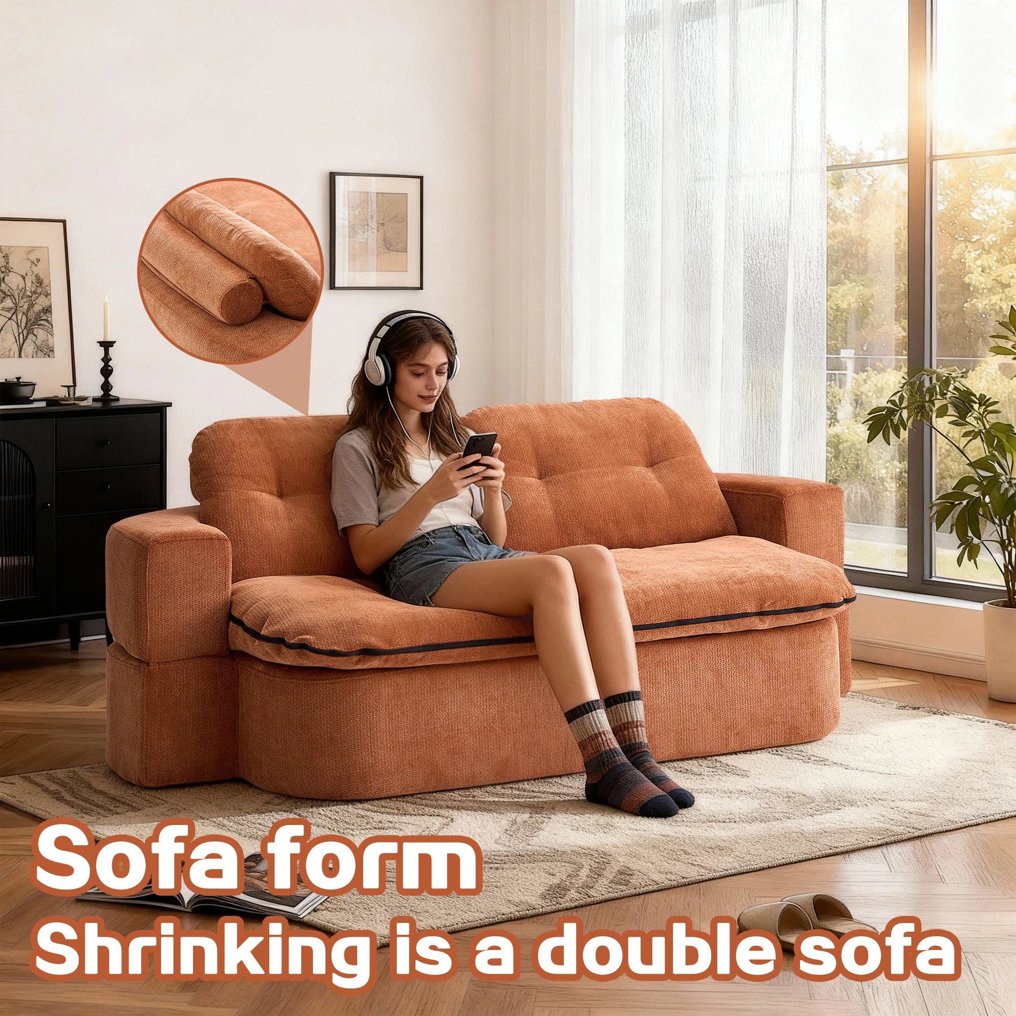 Modern Convertible Floor Sofa Bed 2 Pillows Foam-Filled Cushions No Assembly Required-Living Room/Playroom Use