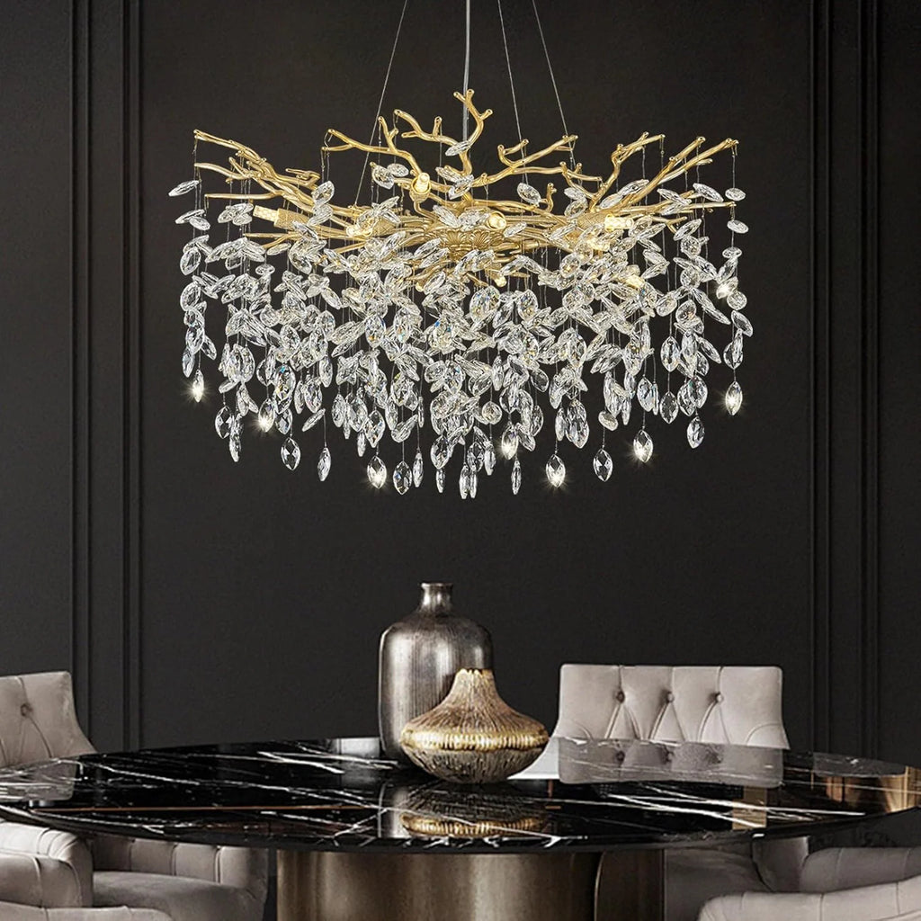 Gold Tree Branches Chandelier, Modern Round K9 Crystal Lighting Fixture Chandelier for Living Room, Foyer,Kitchen Island