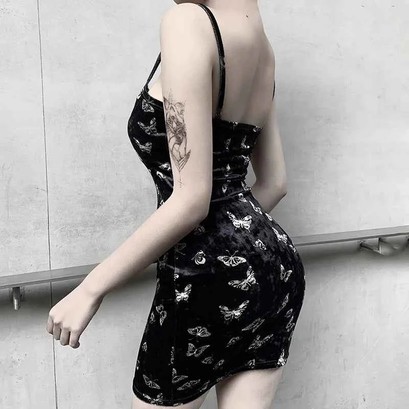 Harajuku Black Dress Women Gothic Spaghetti Strap Backless Off Shoulder Dresses Female Fashion Casual Print Sexy Dress