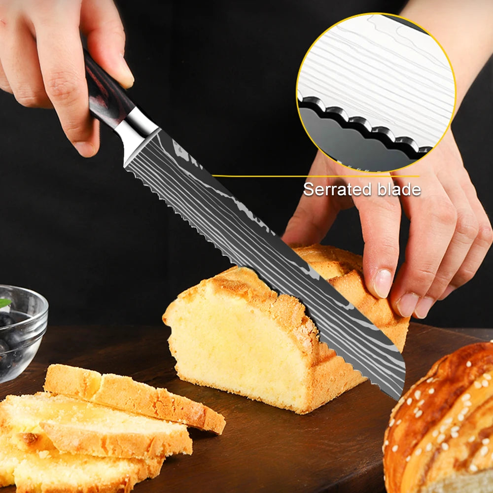Kitchen Bread Knife Serrated Design Laser Damascus Stainless Steel Blade 8 Inch Chef Knives Bread Cheese Cake Tool