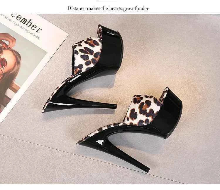 Voesnees Summer Slippers Women 2021 High Heels 15cm 17 CM Leopard Print Slip-On Platform Slides Sexy Catwalk Shoes Club Sandals