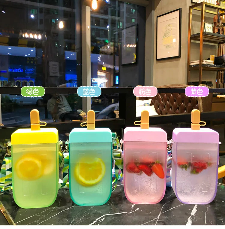 Summer Outdoor Water Bottle with Straw Portable Rope Travel Water Bottles Student Girls Water Cup Juice Drinking Bottle BPA Free