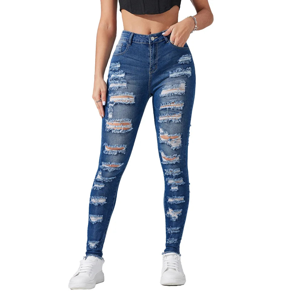 Free Shipping to USA- Wholesale Fashion Women Denim Jeans Blue High Stretchy Ripped Legging Slim Fit Pencil Pants Casual Waist