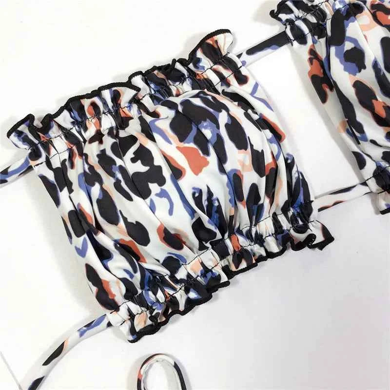 Tie Dye Pleated Ruffled Bikinis Bandeau Bikini Women Swimsuit Female Swimwear Two-pieces Bikini Set Hollow Out Bathing Suit Swim