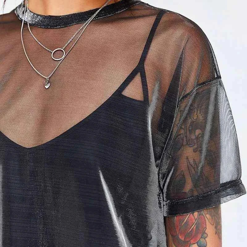 Summer Sexy Mesh Tee See-Through Women T-shirts Short Sleeve Perspective Shine Casual Women Tops Lady Vintage Blusa