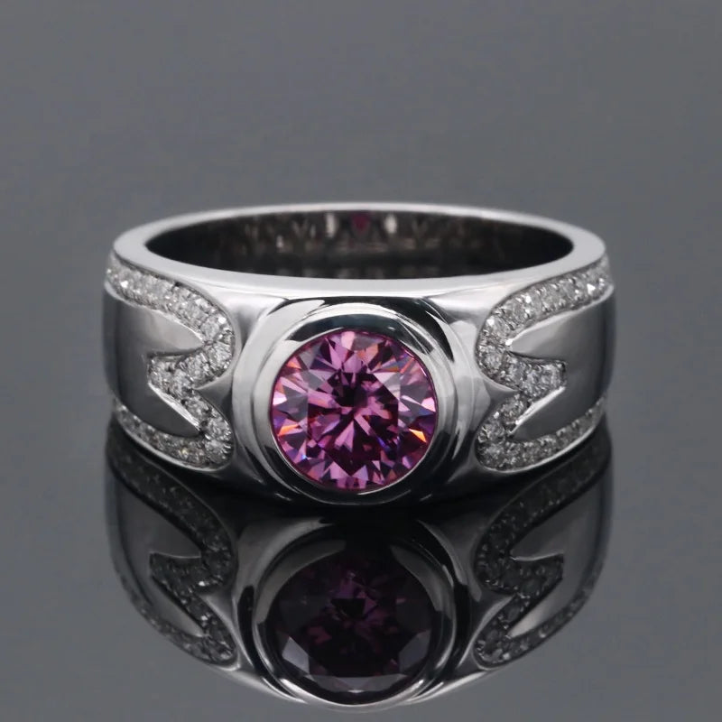 Free Shipping 8mm Two Carats Pink Moissanite Diamond 14K/18K Solid White Gold Engagement Ring for Men Classic Style for Wedding