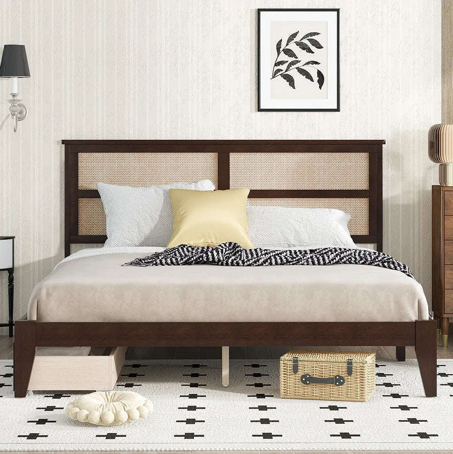 Teak Wood Platform Bed Frame  & King Size with Headboard Modern Soft Bed Eco-Friendly Convertible Natural Color