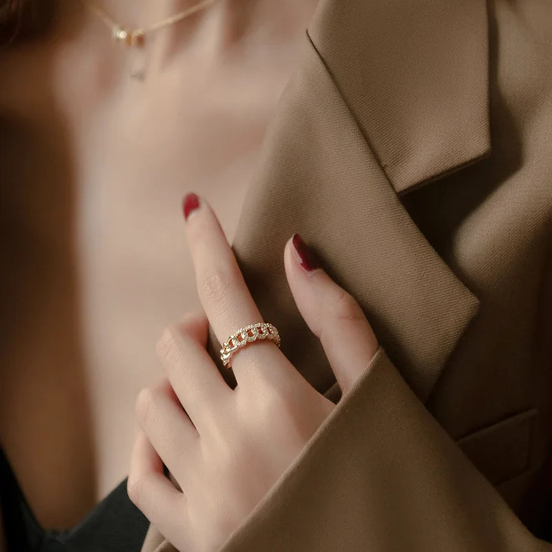 Simple Real 18K Gold Plated CZ Curb Chain Open Ring Adjustable Micro Cubic Zirconia Chain Link Ring