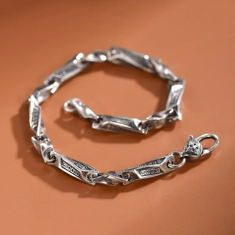 BOCAI S925 Silver Six-Character Mantra Bracelet for Men Retro Irregular Link Chain for Individual Fashion Necklace for Men
