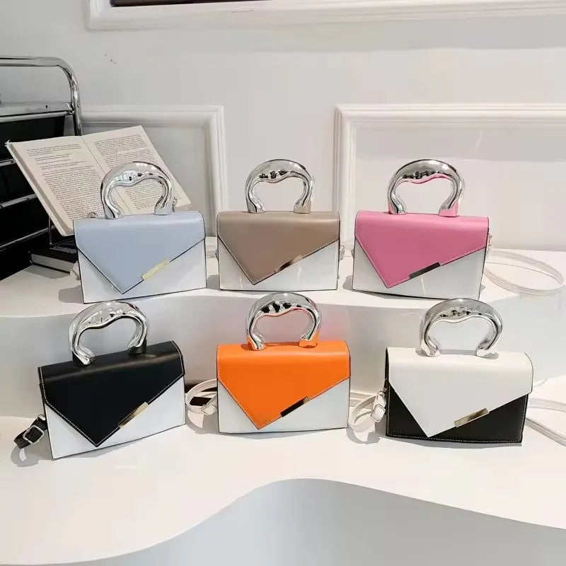 2025 Women's Casual Simple Metal Messenger Bag with Niche Handle Designer Contrasting Color Handbag