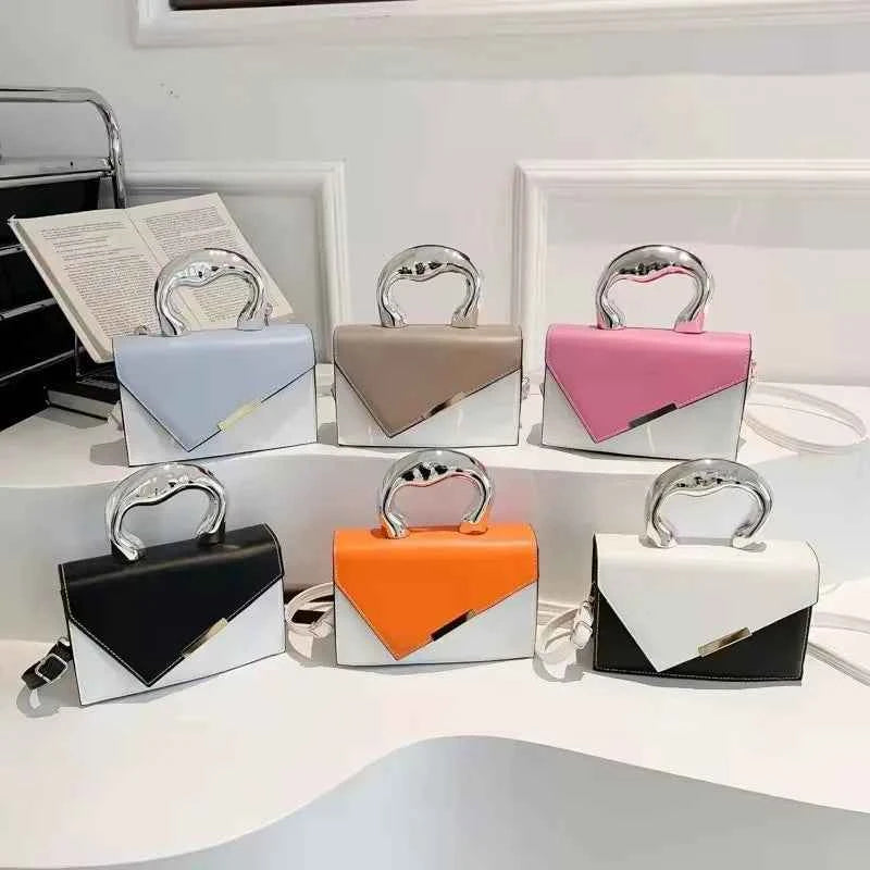 2025 Women's Casual Simple Metal Messenger Bag with Niche Handle Designer Contrasting Color Handbag