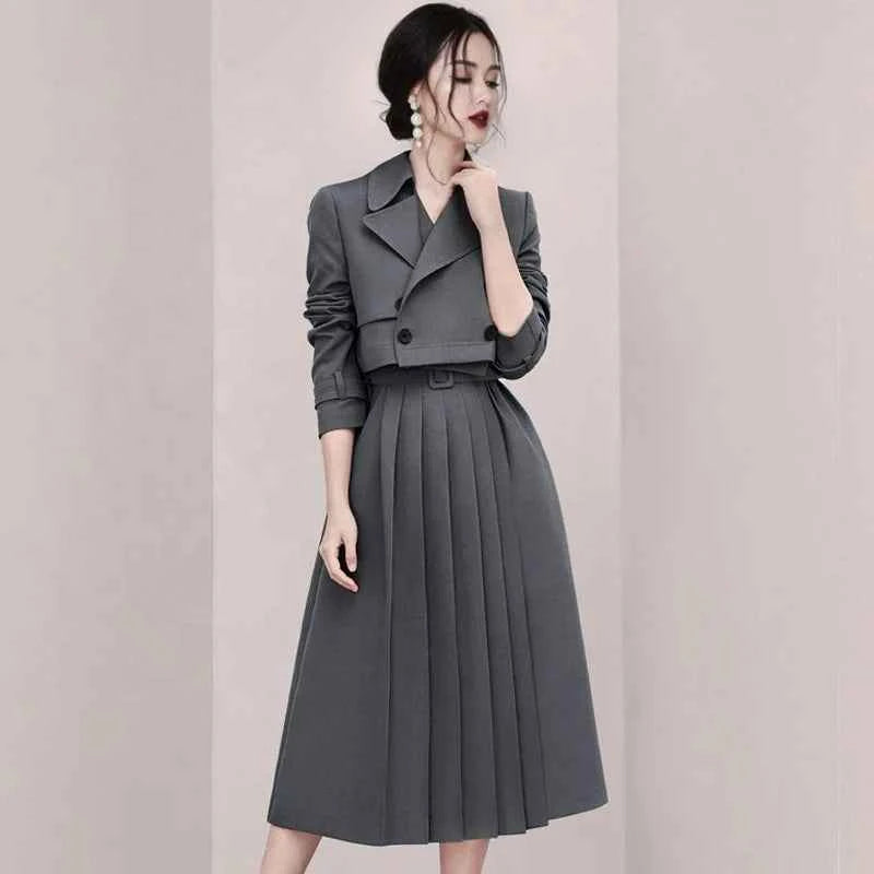 Fashion Women Wear 2 Piece Set Office Ladies Pleated Skirt Long Sleeve Blazer Dress