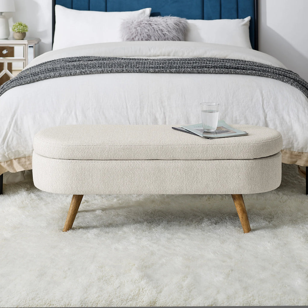 Ottoman Bed Bench with Adjustable Metal Legs Beige Fabric 43.5"x16"x16" Oval Storage Home Bedroom Furniture