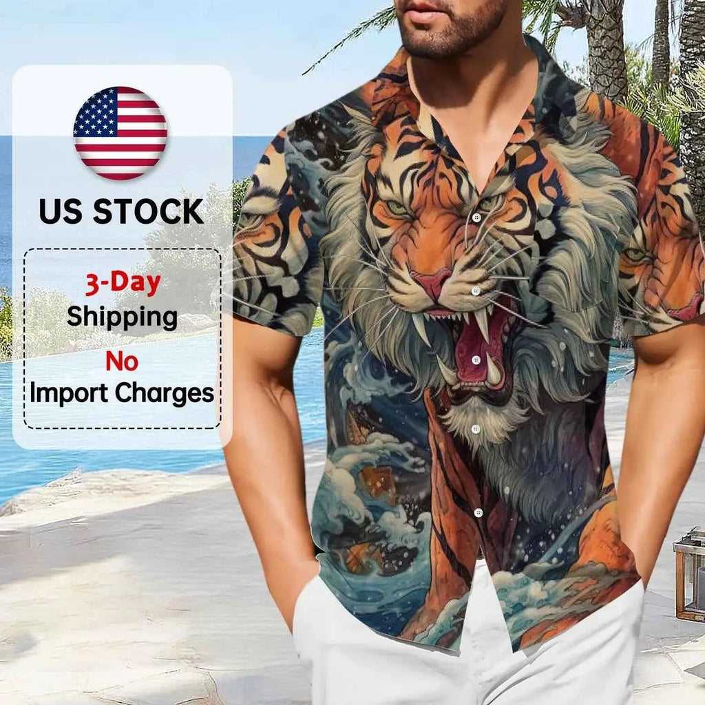 Custom Ukiyo-e Tiger Shirt Men's Hawaiian Shirt Japanese Wave Art Inkjet-Printed Pattern Unique Tiger Design Shirt