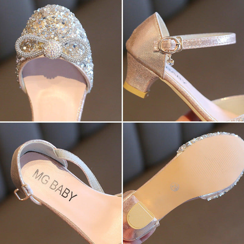 Girls High Heels for Kids Party Wedding Evening Dress Shoes 2026 Fashion Crystal Summer Princess Stockings Girl Sandals E02165