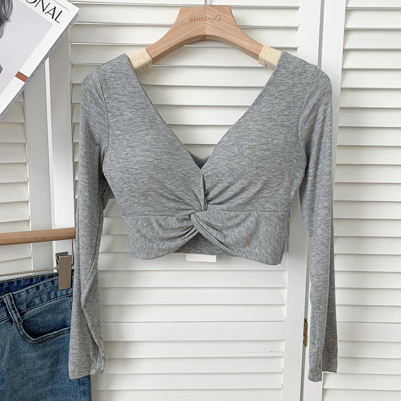 t shirt woman crop tops long sleeve kawaii T shirts built in bra women sexy top harajuku korean fashion