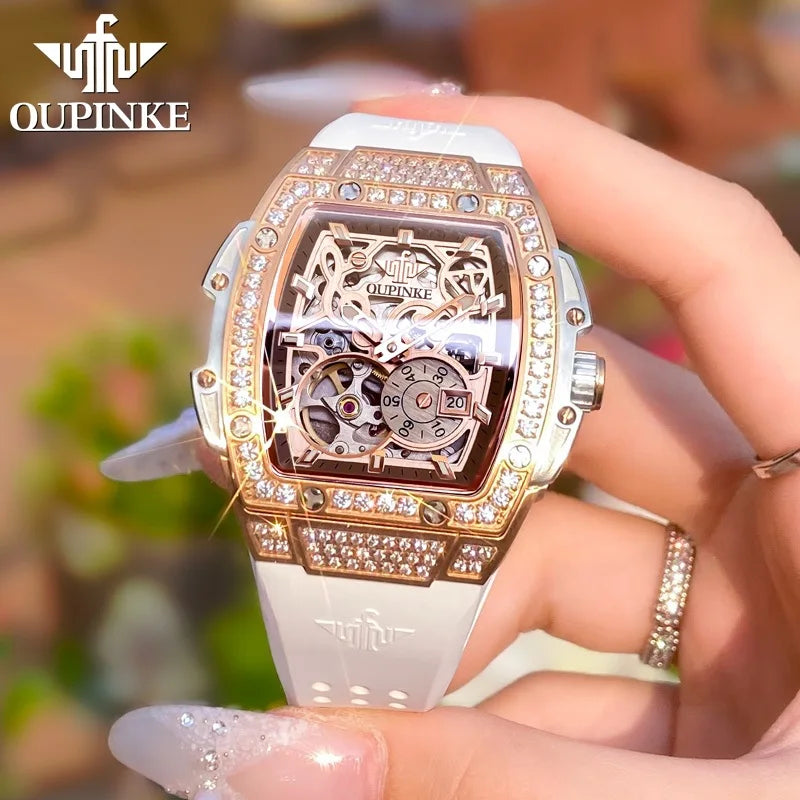 OUPINKE 3220 Hollow Skeleton Hollow Tourbillon Design Stainless Steel Sports Fashion Lady Automatic Mechanical Watch for Woman