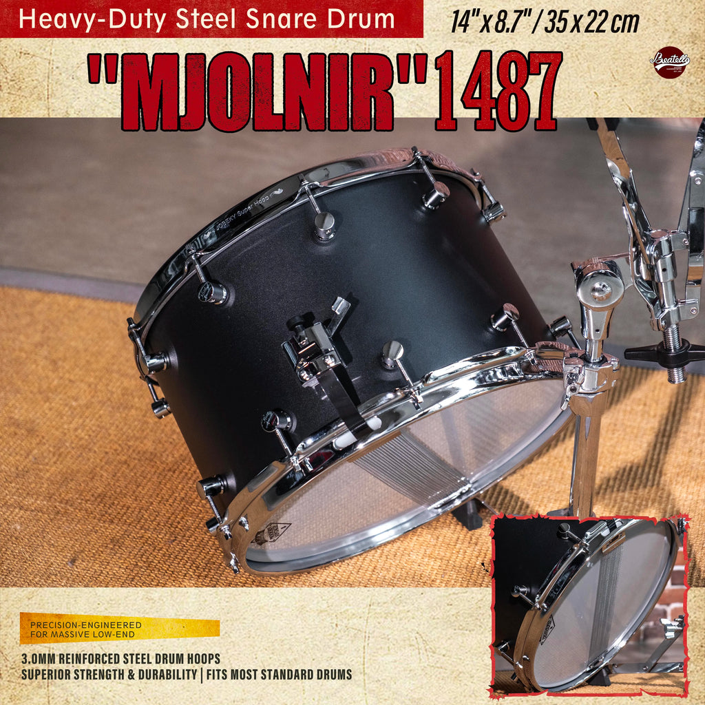 Beatello | Factory Direct | 14"x8.7" Heavy Steel Snare 3.0mm Reinforced Hoops | Rock/Metal Drum Kits | Pro Upgrade | Black