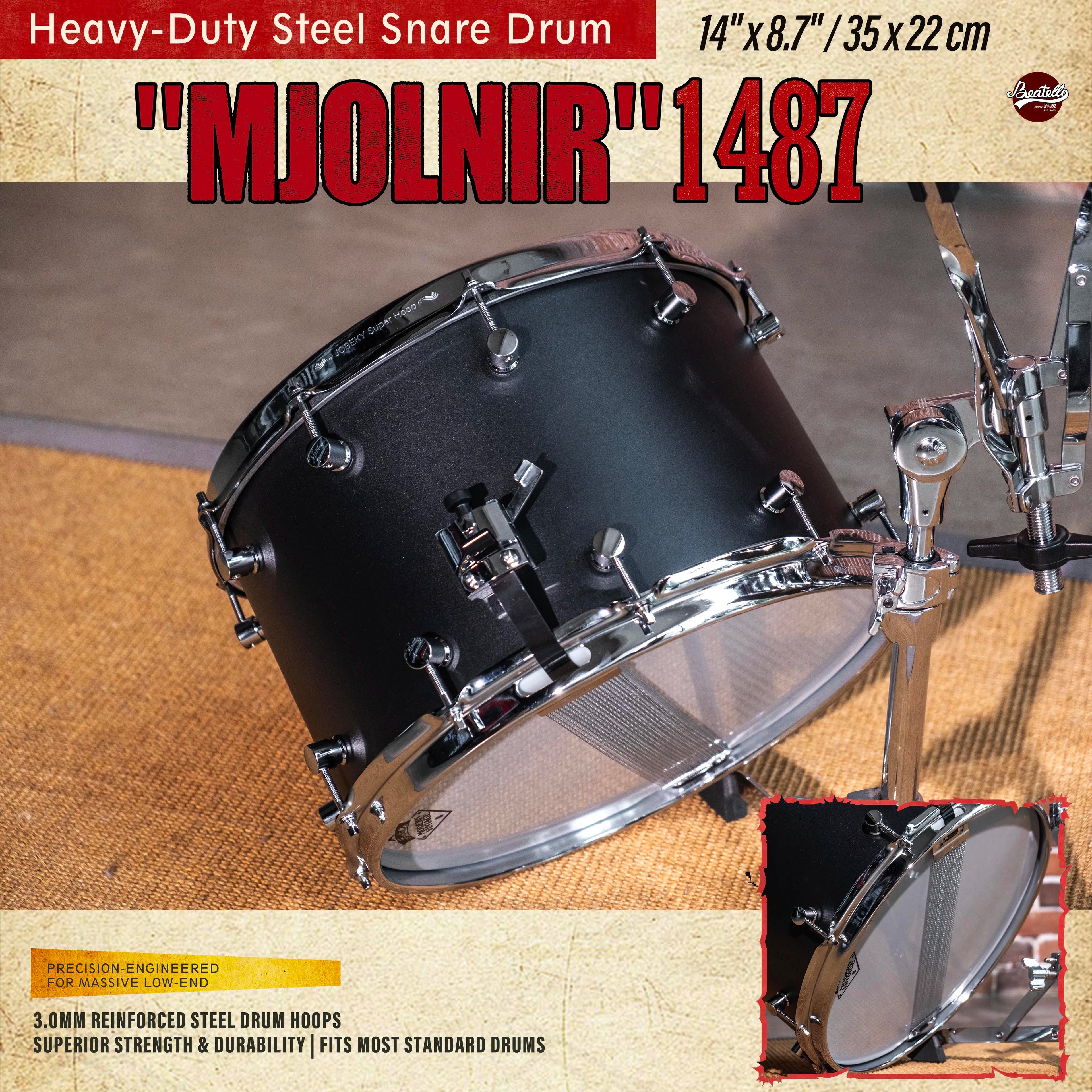Beatello | Factory Direct | 14"x8.7" Heavy Steel Snare 3.0mm Reinforced Hoops | Rock/Metal Drum Kits | Pro Upgrade | Black
