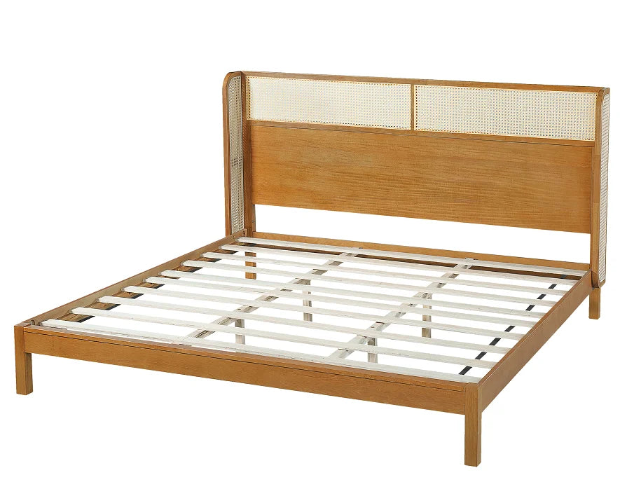 Teak Wood Platform Bed Frame  & King Size with Headboard Modern Soft Bed Eco-Friendly Convertible Natural Color
