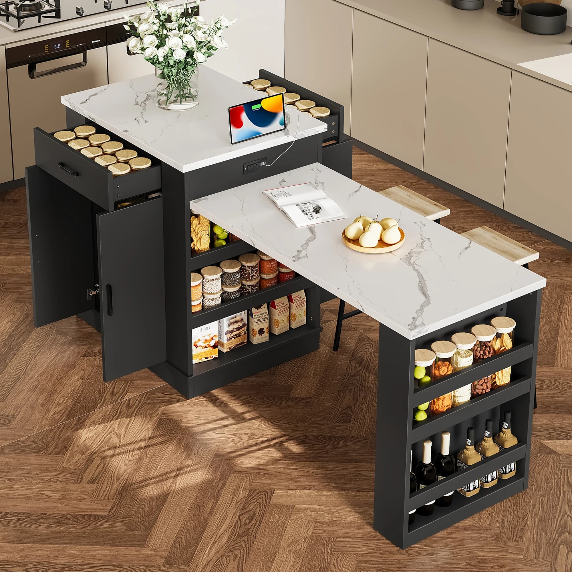 Extendable Island Console with Drawers, Double-door Cabinet, and Open Shelving. Serves As Dining Table