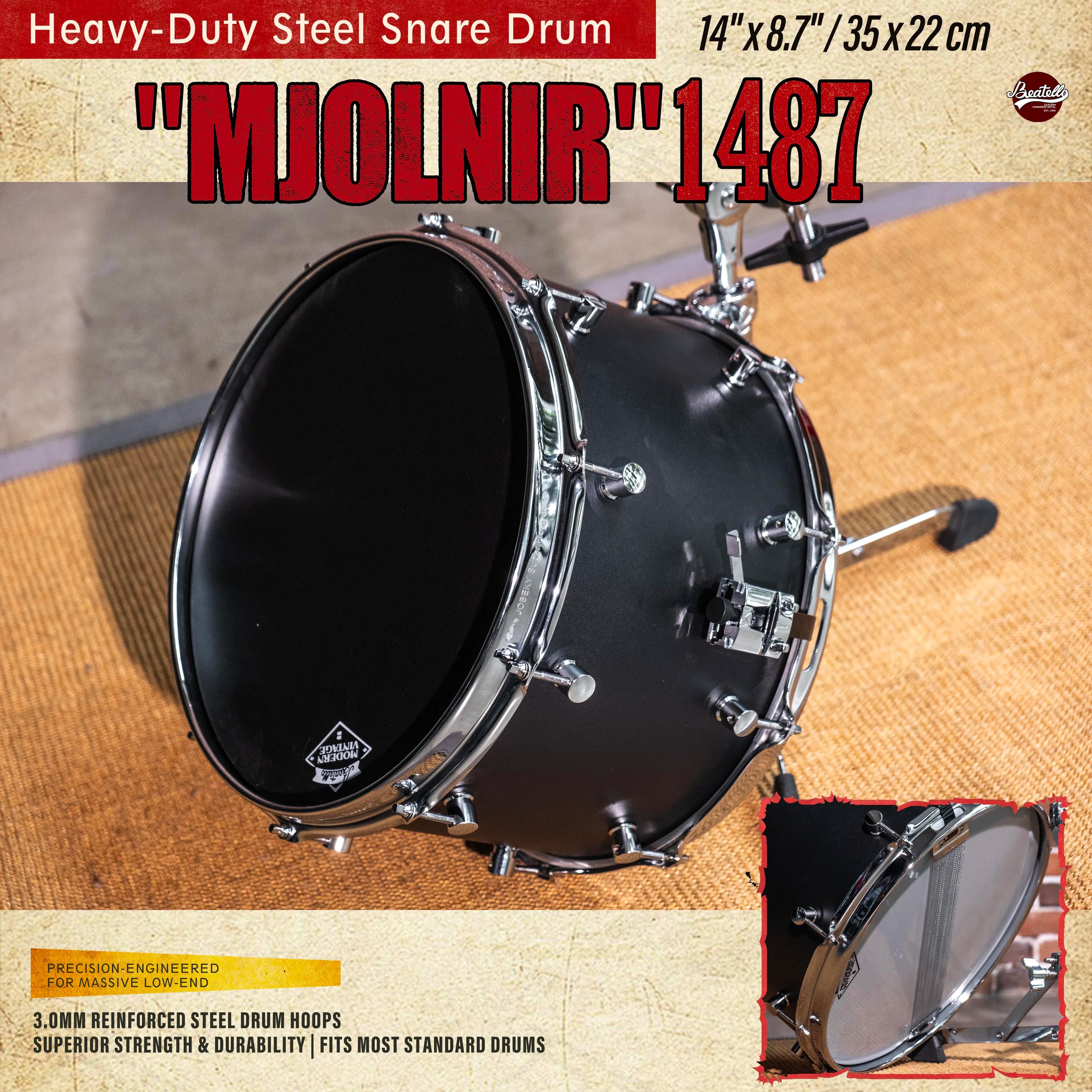Beatello | Factory Direct | 14"x8.7" Heavy Steel Snare 3.0mm Reinforced Hoops | Rock/Metal Drum Kits | Pro Upgrade | Black