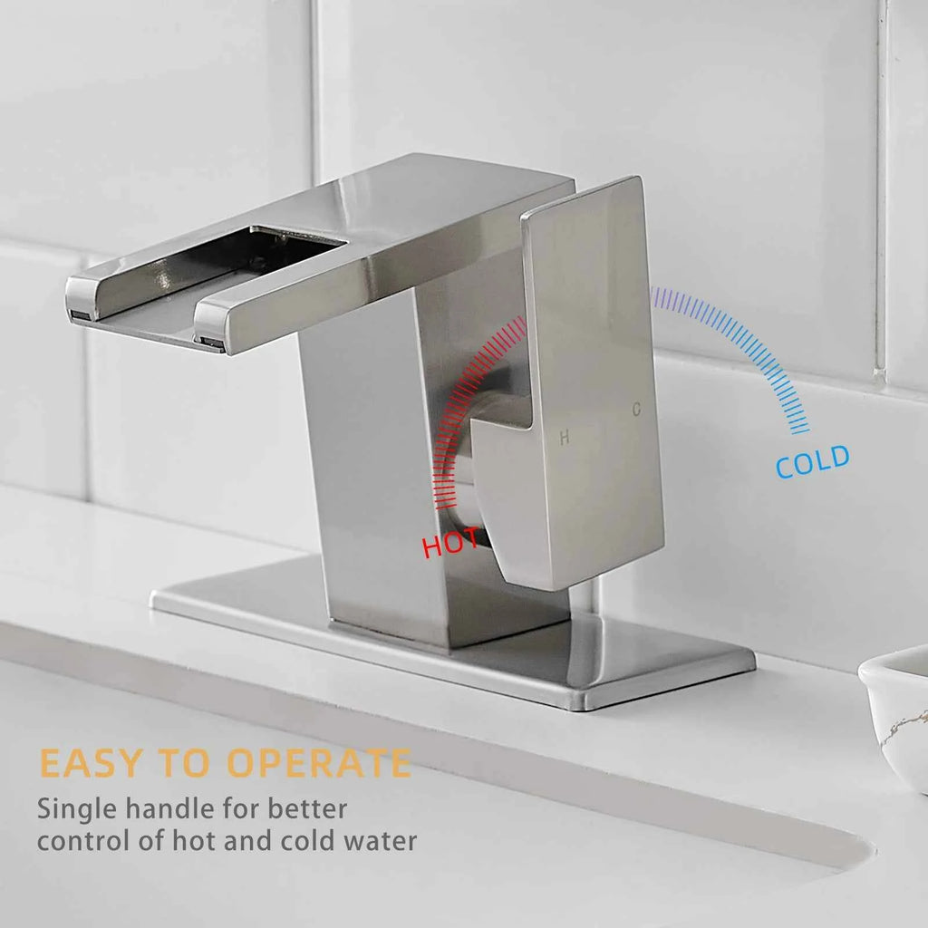Modern LED 1-Hole Brushed Nickel Bathroom Faucet 304 Stainless Steel Waterfall Anti-Rust Lead-Free Basin Deck Plate Ceramic