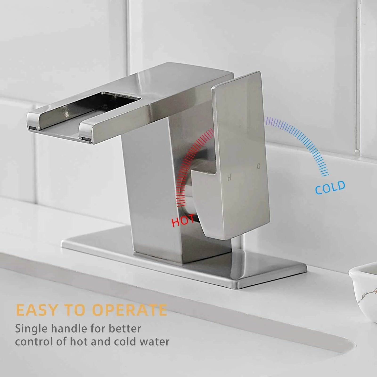 Modern LED 1-Hole Brushed Nickel Bathroom Faucet 304 Stainless Steel Waterfall Anti-Rust Lead-Free Basin Deck Plate Ceramic