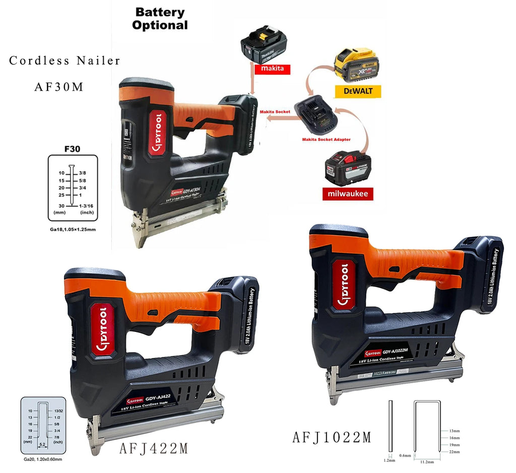 9025 Staples and F30 Nails Home Woodworking 18V Cordless Stapler DIY Grade 18V Battery Operated Air Stapler GDY-AF30/9025M