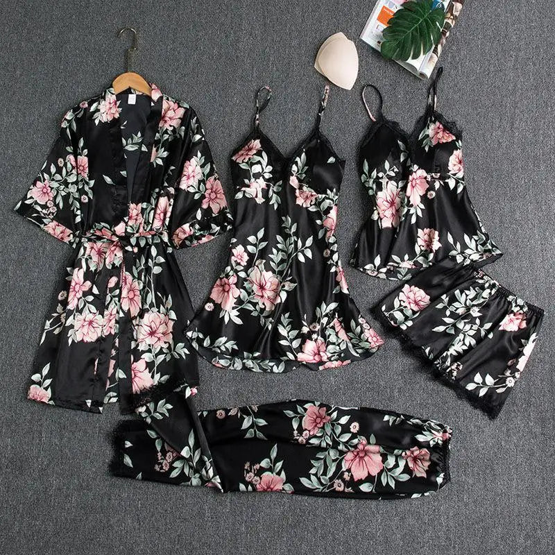 Customizable Sleepwear Female 5PCS Pajamas Set Satin Pyjamamas Lace Bridal Wedding Nightwear Rayon Home Wear Nighty&Robe Suits