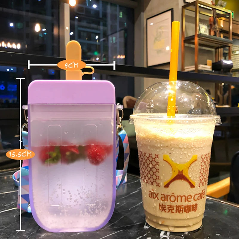 Summer Outdoor Water Bottle with Straw Portable Rope Travel Water Bottles Student Girls Water Cup Juice Drinking Bottle BPA Free