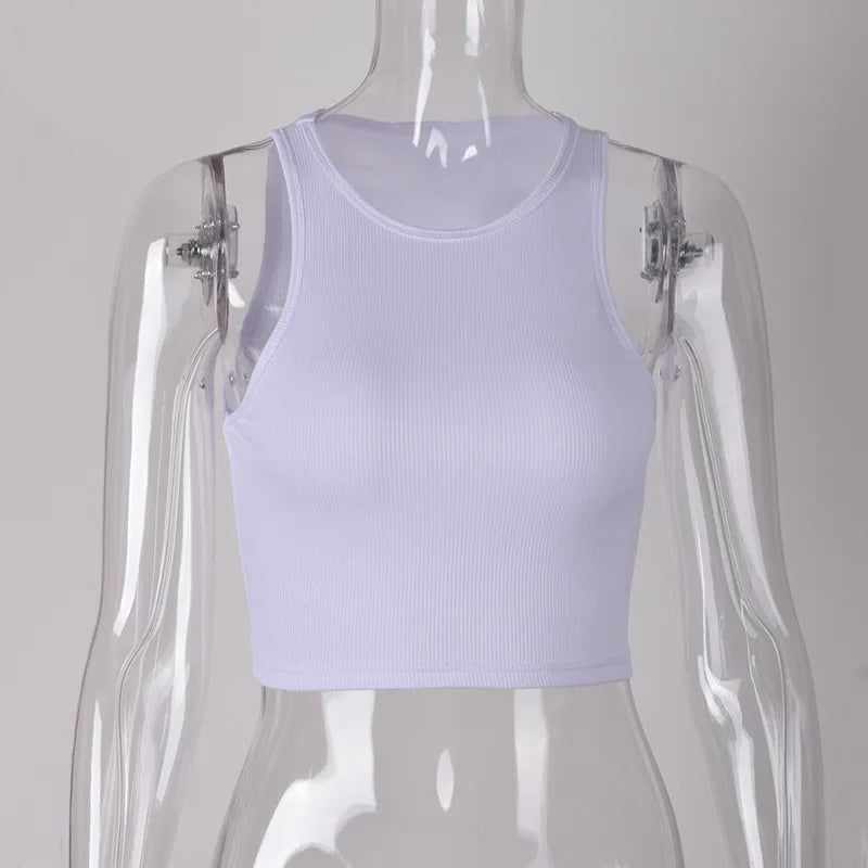 White Knitted Round Neck Women T-Shirt Sexy Sleeveless Camisole Crop Top Woman Tight Stretch Tank Top Ladies Tee Top Streetwear