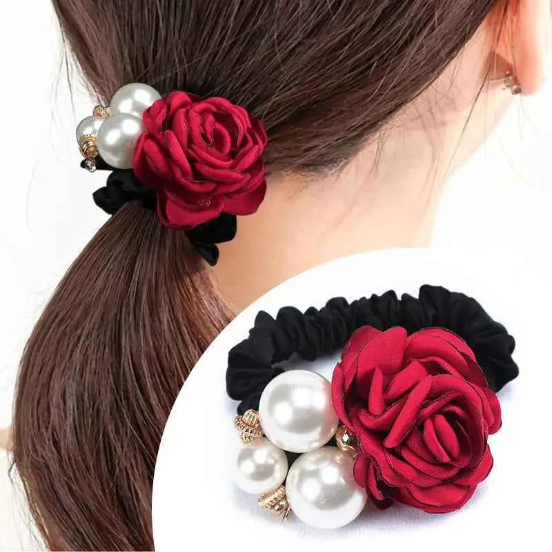 Fashion Women Rose Elastic Scrunchies Hair Bands Big Flower Rhinestones Pearls Flower Hair Rope Rubber Ponytail Hair Accessories