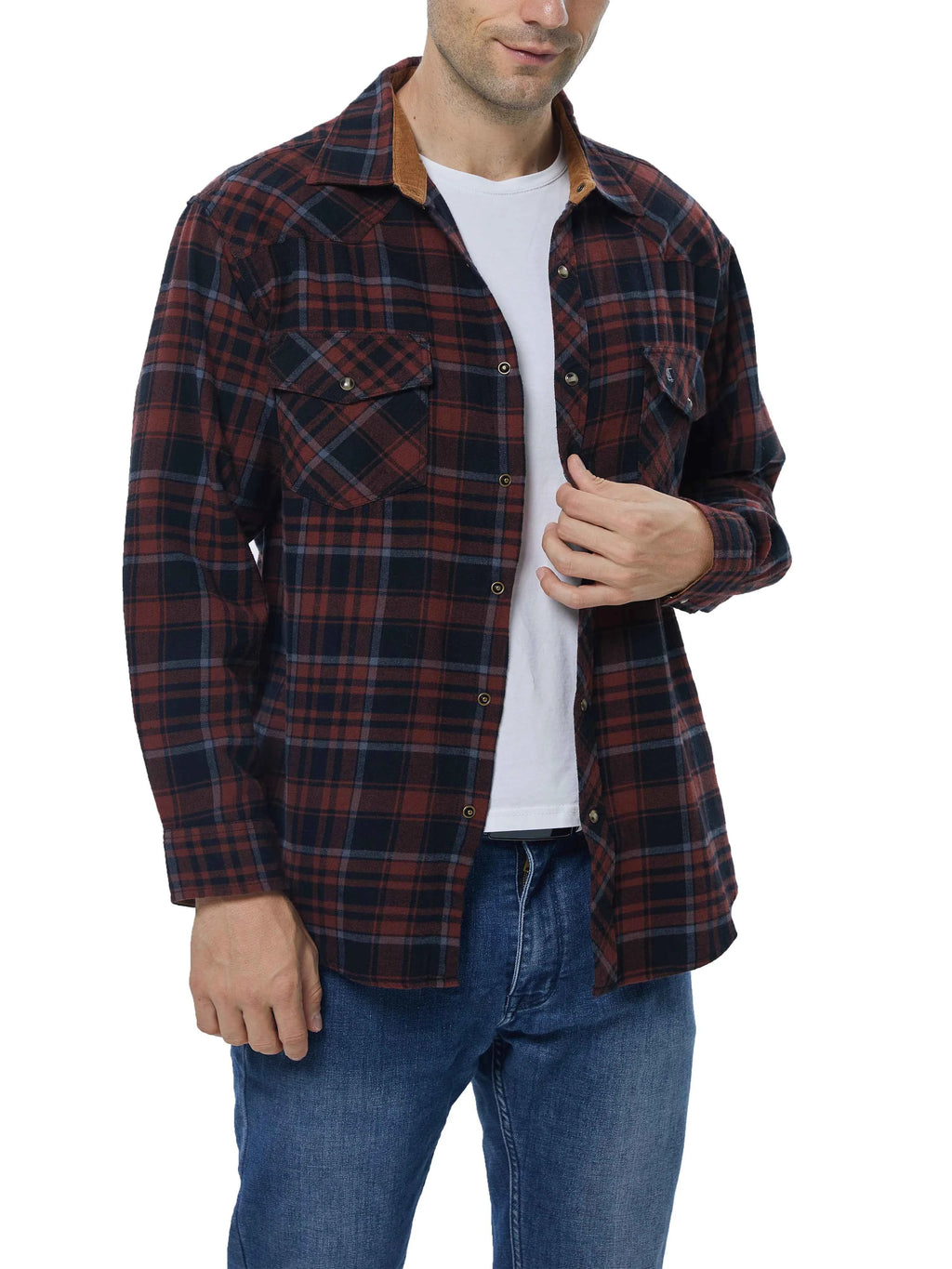 Mens Flannel Pearl Snap Plaid Button up Casual Western Cowboy Long Sleeve Shirts