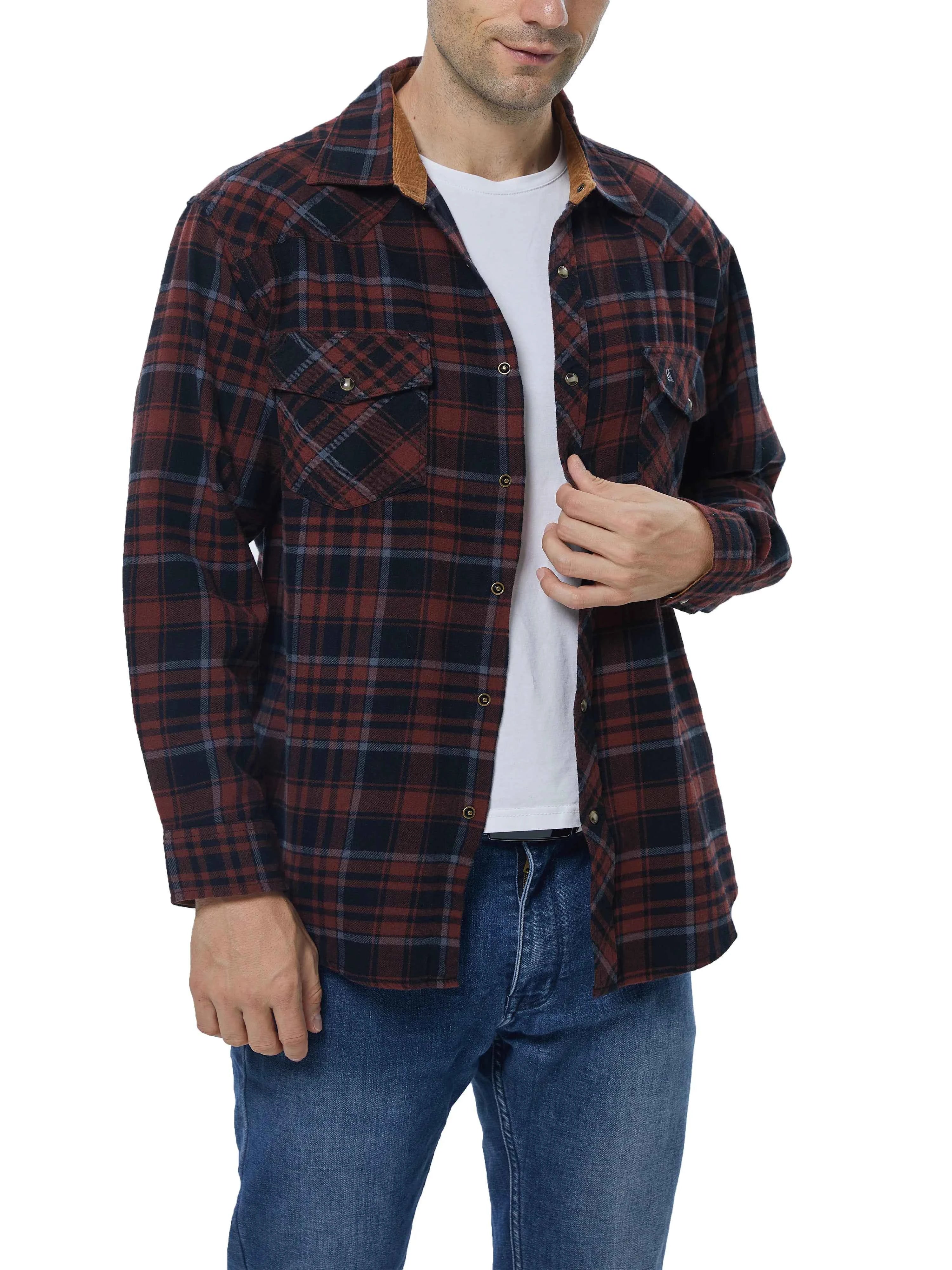 Mens Flannel Pearl Snap Plaid Button up Casual Western Cowboy Long Sleeve Shirts