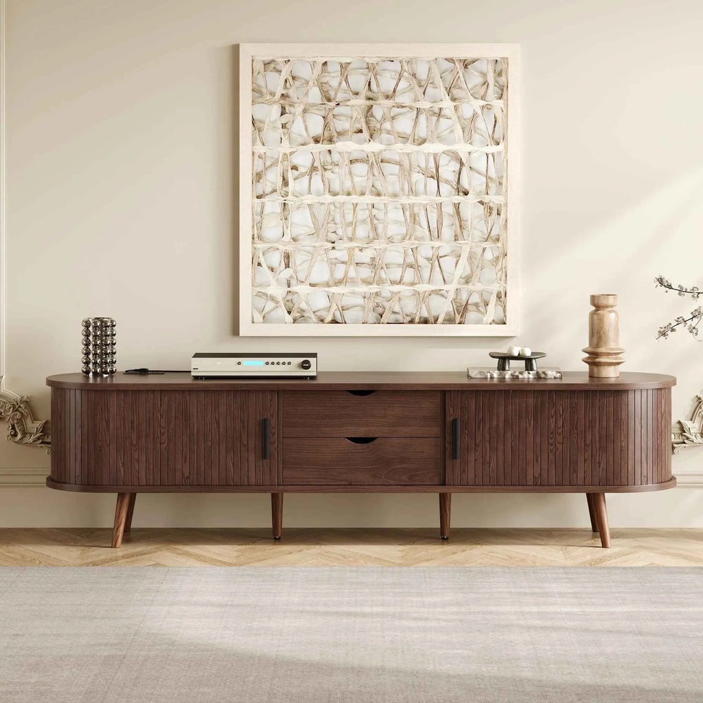 Mid Century Modern MDF TV Stand with Tambour Doors Drawers Power Outlet-Eco-Friendly Storage for 80 Inch TVs Living Room Bedroom