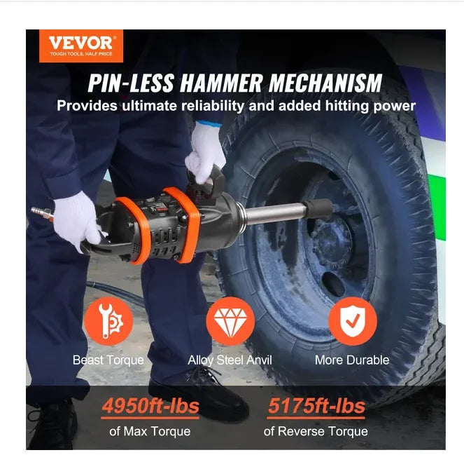 VEVOR 1 Inch Air Impact Wrench, up to 5175 Ft-lbs Beast Reverse Torque Output Pneumatic Impact Gun W/ 8 Inch Extended Anvil