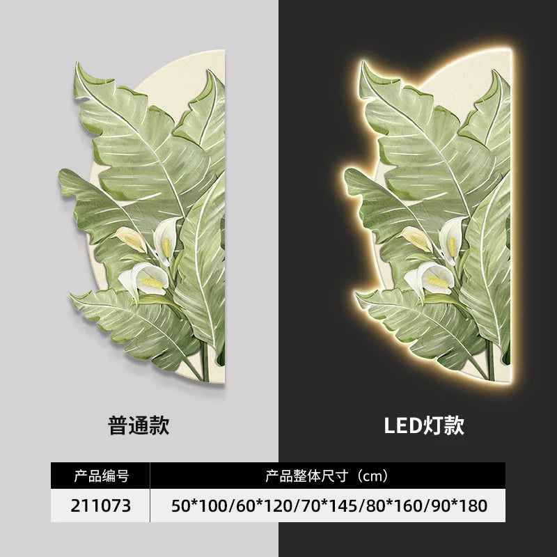 100*50CM Simplicity Flower Leaves Crystal Porcelain Modern Glass Wall Painting with Led  for Home Decor Living Room