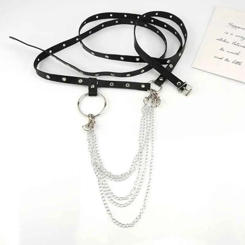 Female Leather Skirt Belts Punk Gothic Rock Harness Waist Metal Chain Body Bondage Hollow Belt Accessories For Lady