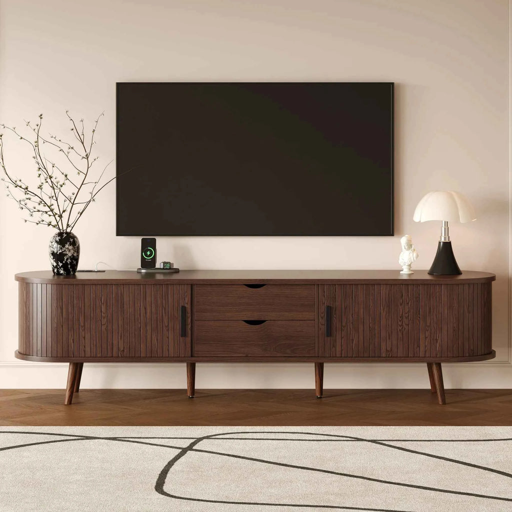Mid Century Modern MDF TV Stand with Tambour Doors Drawers Power Outlet-Eco-Friendly Storage for 80 Inch TVs Living Room Bedroom