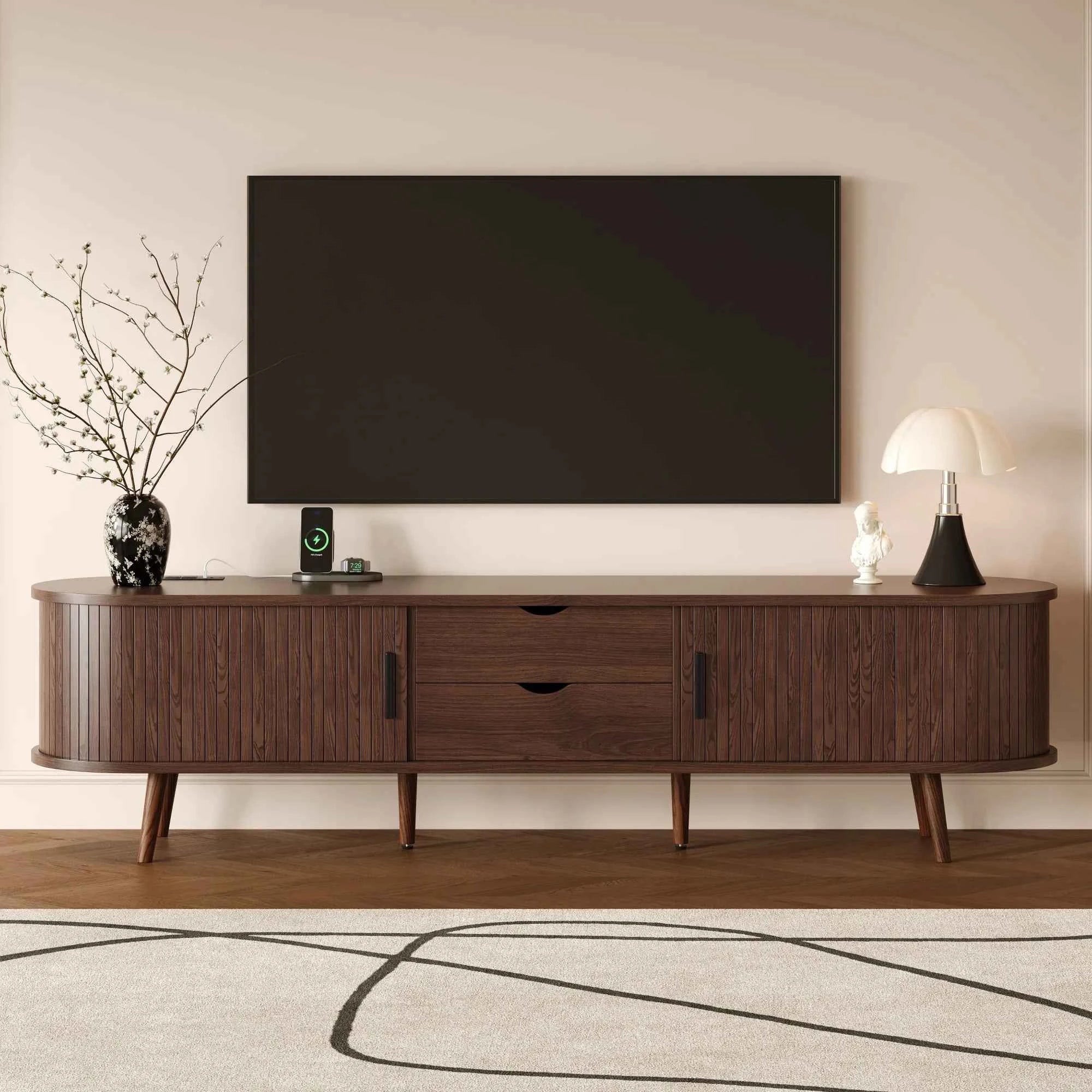 Mid Century Modern MDF TV Stand with Tambour Doors Drawers Power Outlet-Eco-Friendly Storage for 80 Inch TVs Living Room Bedroom