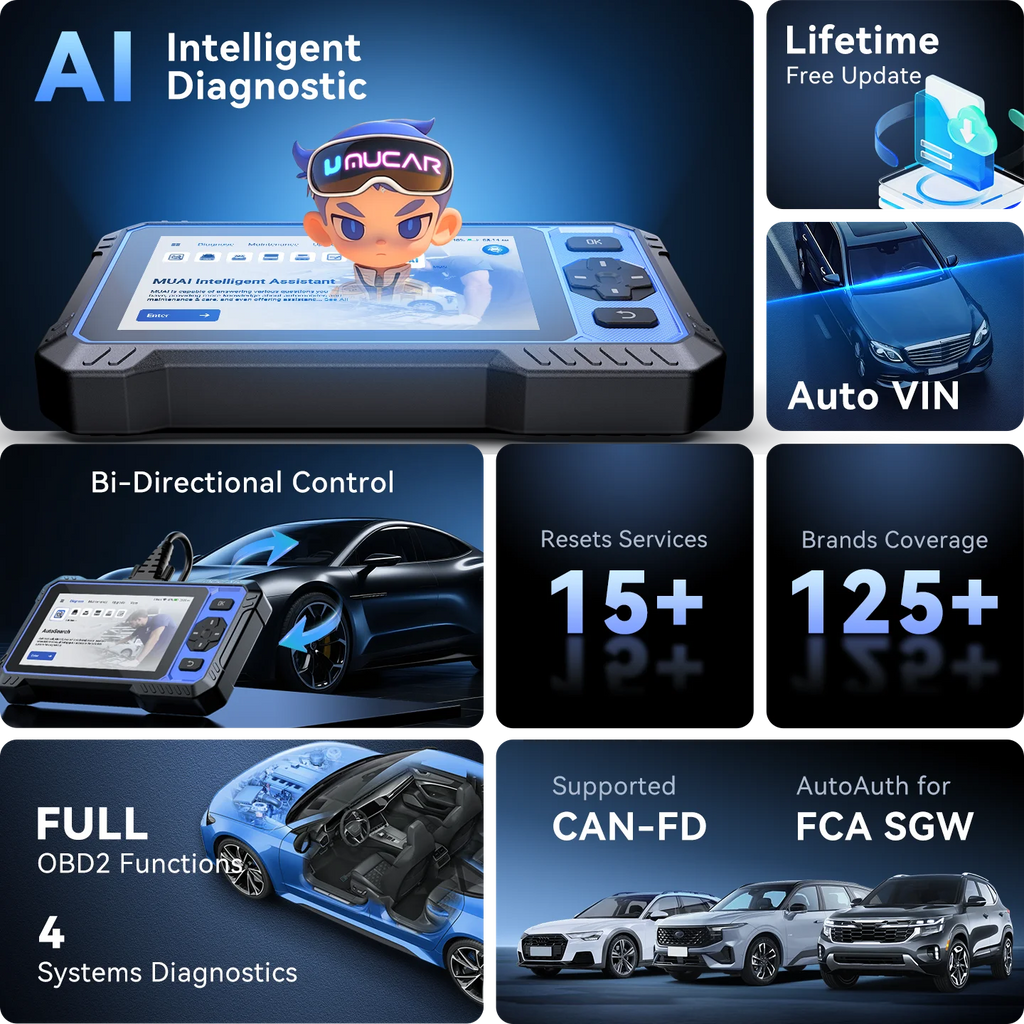 MUCAR 632 AI Car Diagnostic Tool CANFD 4 Systems ECM TCM ABS SRS 15 RESET Bi-Directional Control Obd2 Automotive Scanner