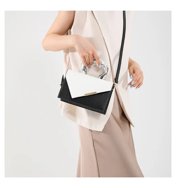 2025 Women's Casual Simple Metal Messenger Bag with Niche Handle Designer Contrasting Color Handbag